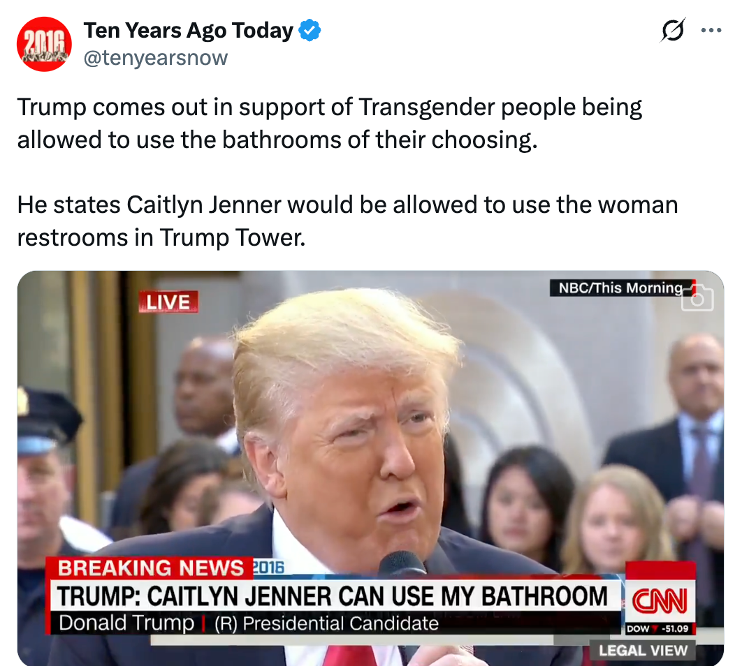 Nyhetsskjermbilde av Trump som støtter valg av transkjønnet bad, slik at Caitlyn Jenner kan bruke toalettene for kvinner i Trump Tower