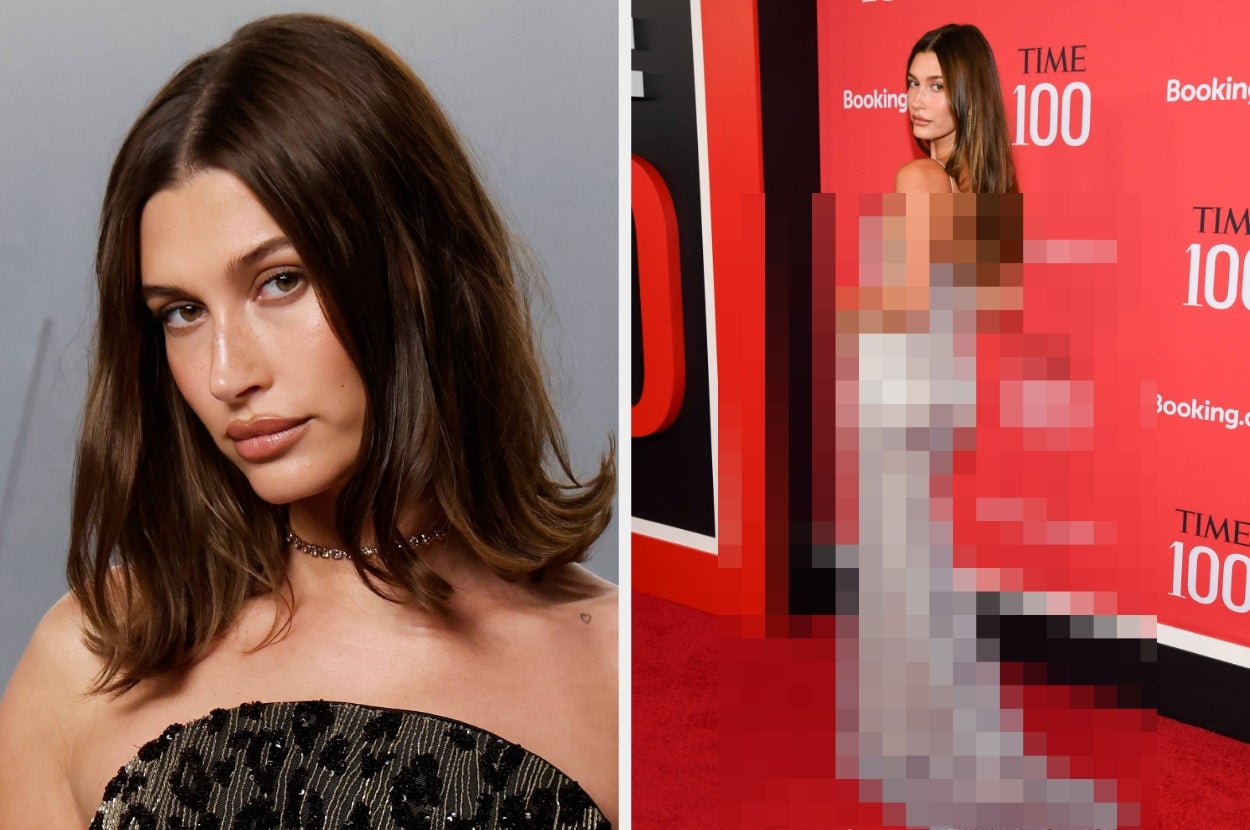 Hailey Bieber in a strapless patterned dress vs Hailey Bieber in a lace dress on the red carpet at TIME 100 event