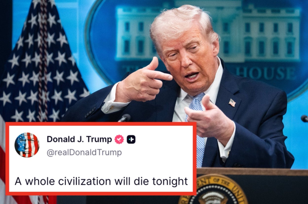A person at a podium makes a hand gesture. Overlaid text reads, "A whole civilization will die tonight" from @realDonaldTrump