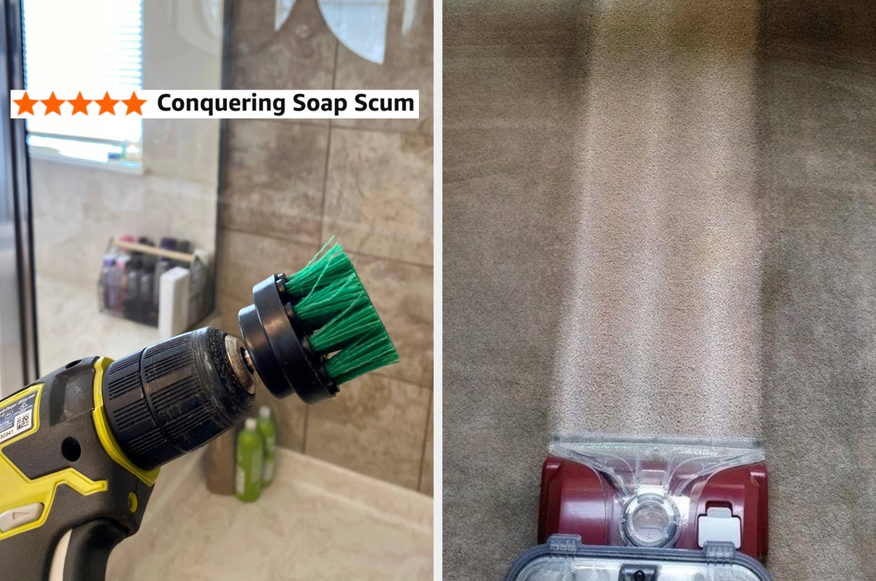 left: a round green brush attached to a drill in front of a clean glass shower door with five star review "Conquering soap scum";right: a Hoover creating a clean streak on a dirty carpet
