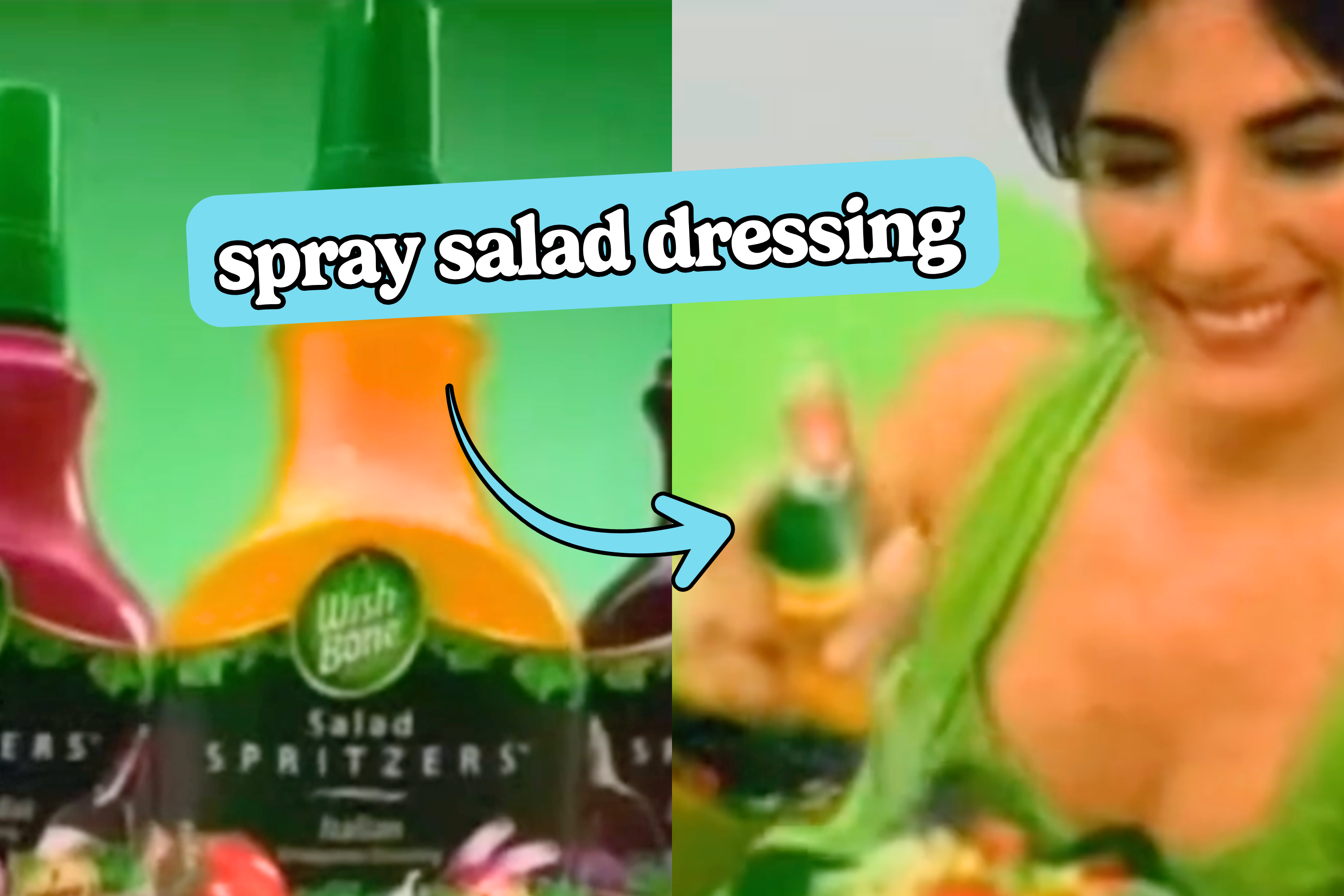 Bottles of Wish-Bone Salad Spritzers with a person cheerfully spraying dressing on a salad