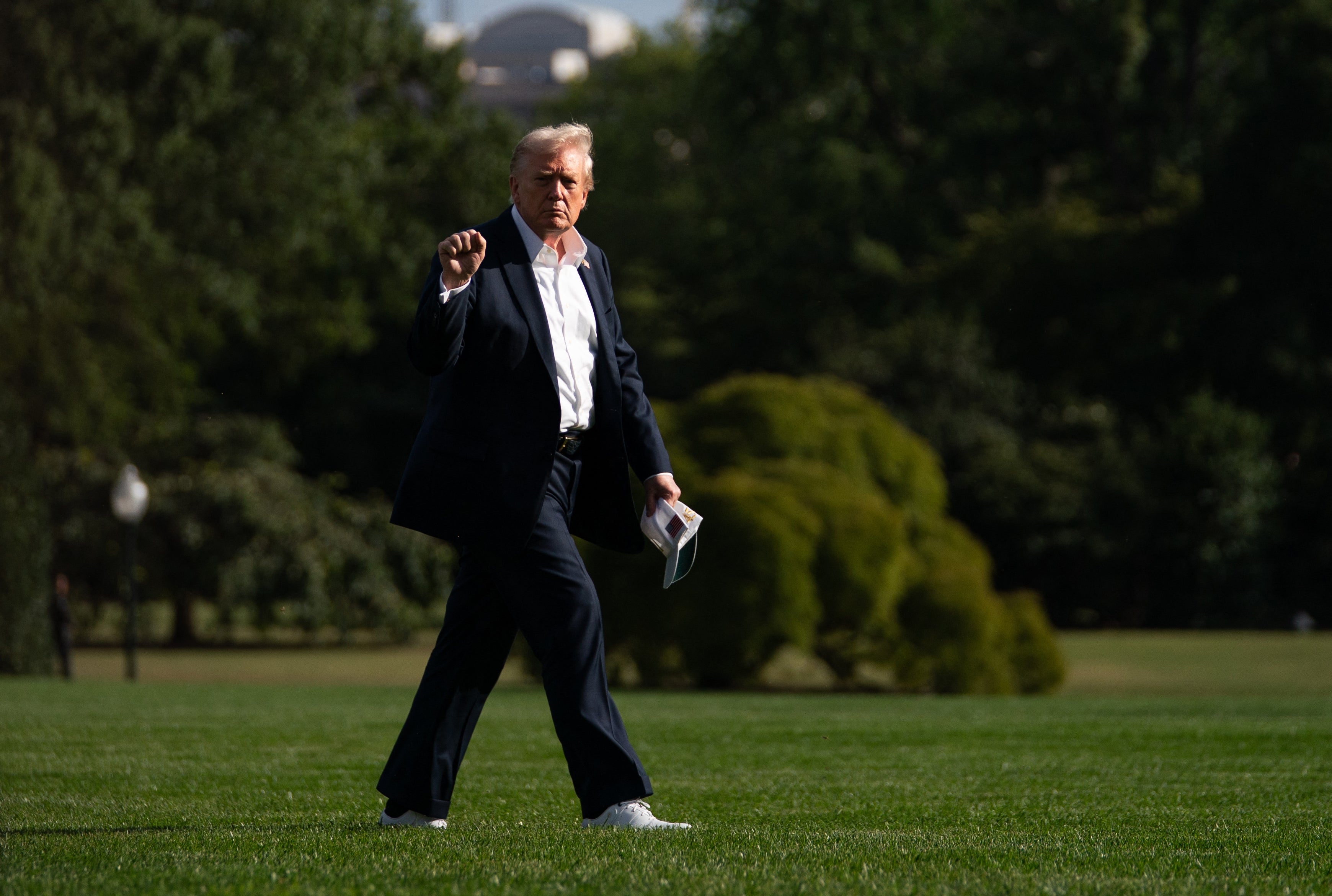 Person successful  a suit   walking connected  a lawn, holding papers, with trees successful  the background