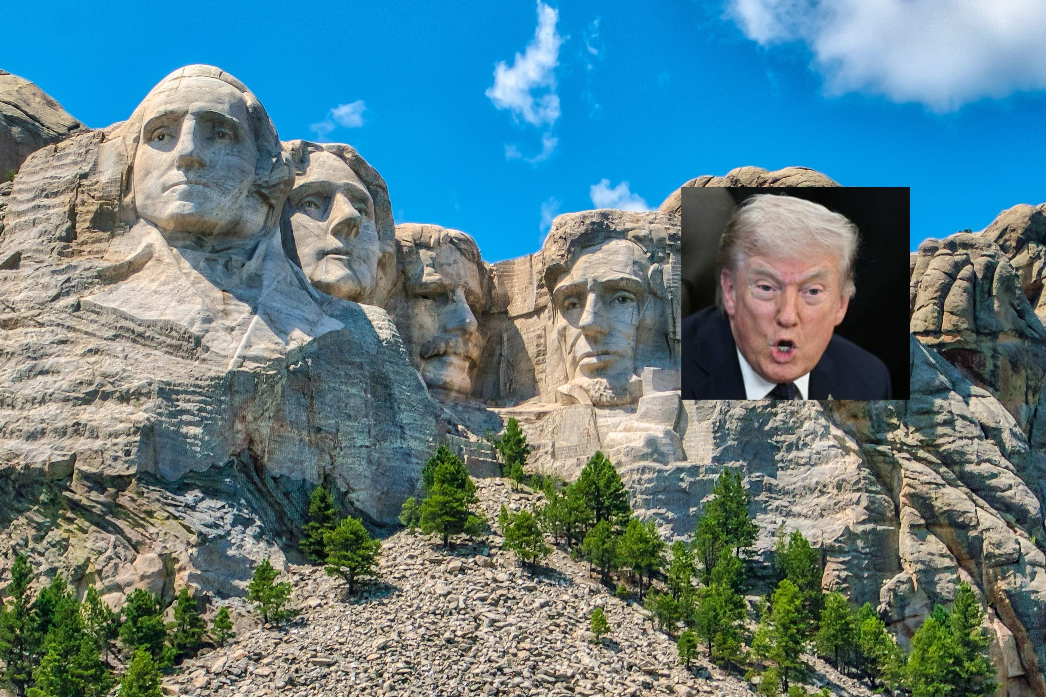 Mount Rushmore med utskårne ansikter av fire amerikanske presidenter mot et steinete landskap og delvis overskyet himmel