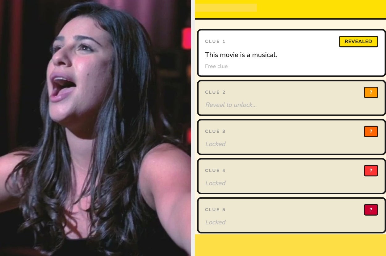 Woman singing passionately; next to her, a game interface with locked clues about a musical movie