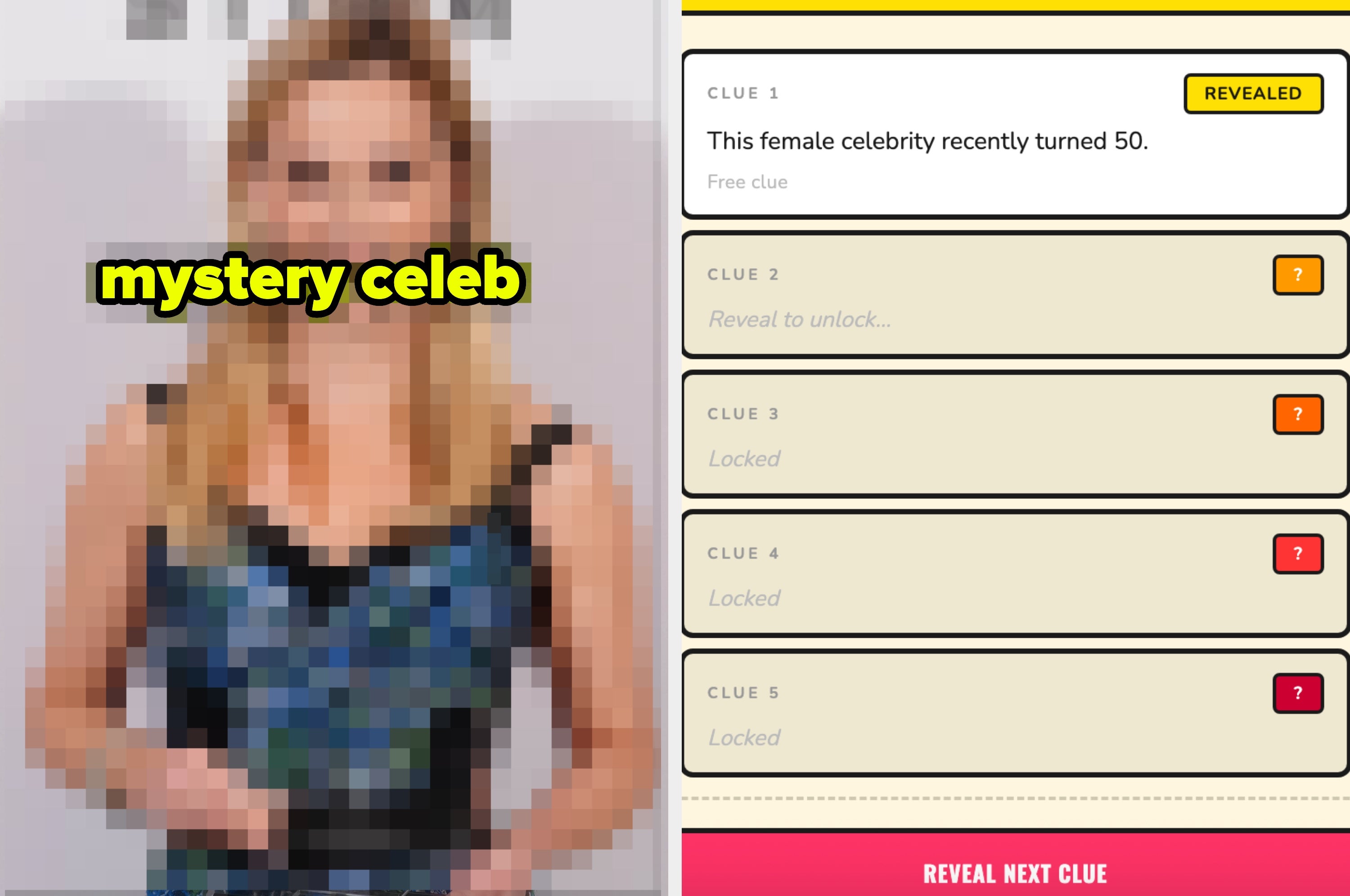 A pixelated female celebrity in a patterned dress. Text hints her age. Game interface with locked clues