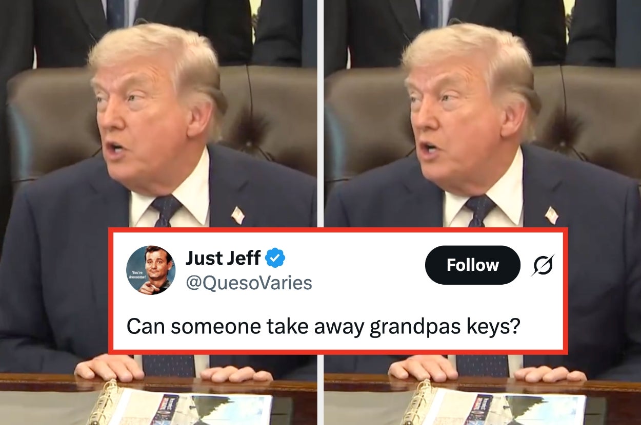 Split image of a man at a desk with a tweet overlay saying, "Can someone take away grandpas keys?"