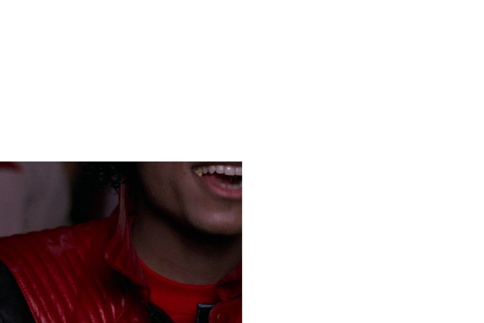 Partial view of a person in a red leather jacket smiling. This style is reminiscent of iconic music fashion from the 1980s