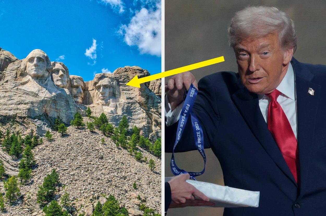 A side-by-side image: Mount Rushmore and a public figure holding a ribbon and box on stage. An arrow points from the monument to the figure