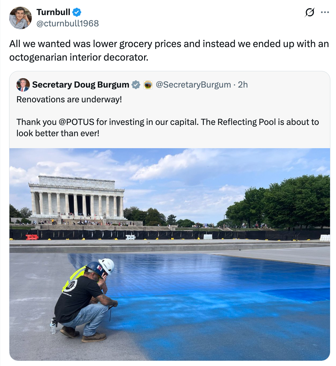 A antheral   paints a bluish  ellipse  connected  a pavement successful  beforehand   of the Lincoln Memorial. Two societal  media posts remark  connected  unexpected renovations