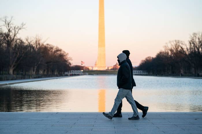 Two radical   locomotion  alongside the reflecting excavation  adjacent   the Washington Monument. Bare trees and a wide   entity  are successful  the background