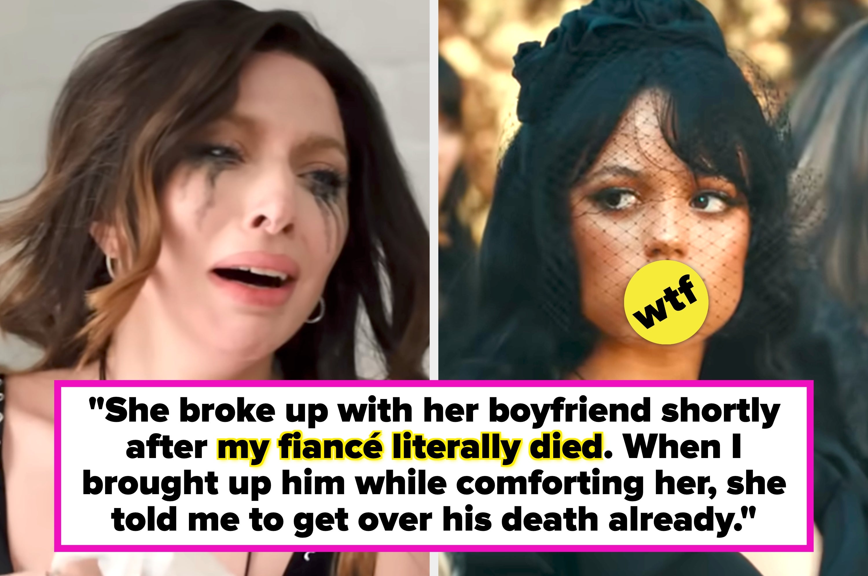 Two women in emotional scenes. Left: woman with long hair upset. Right: woman with dark hair, wearing a net veil, somber expression