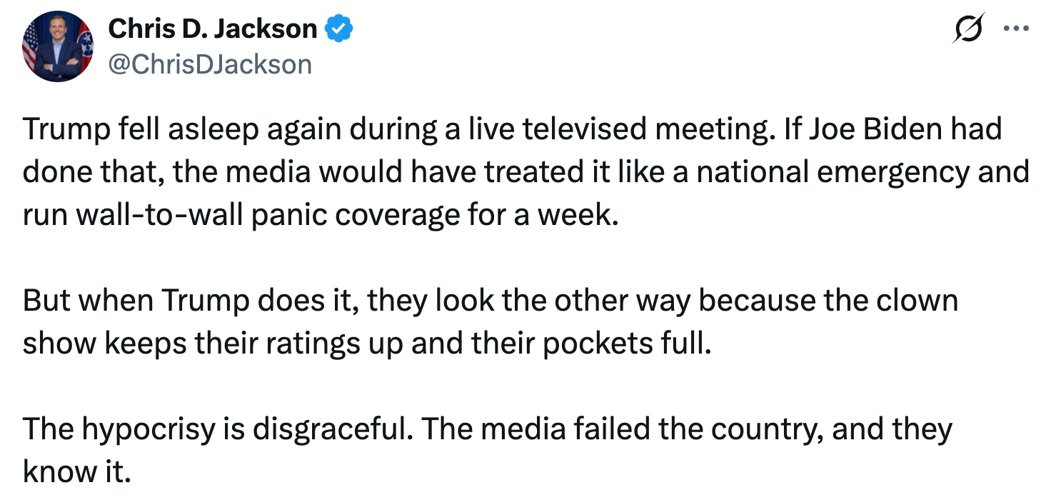 Chris D. Jackson's tweet criticizes media bias, accusing them of leniency towards Trump and harshness towards Biden during televised events