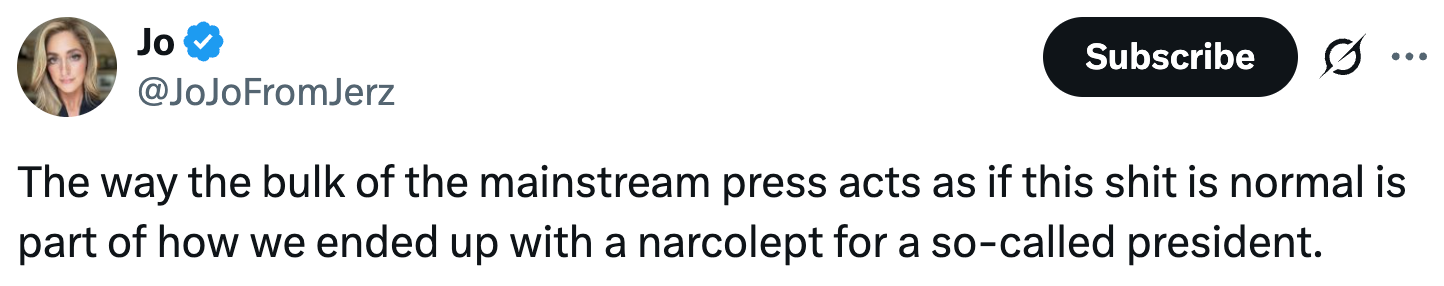 Tweet by Jo criticizing mainstream property   for normalizing behavior, suggesting it contributed to having a "so-called president."