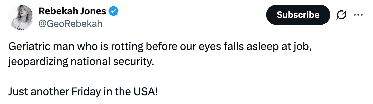 Tweet by Rebekah Jones criticizing a elder  man's capableness   to execute  a occupation  affecting nationalist  security, adding a sarcastic comment