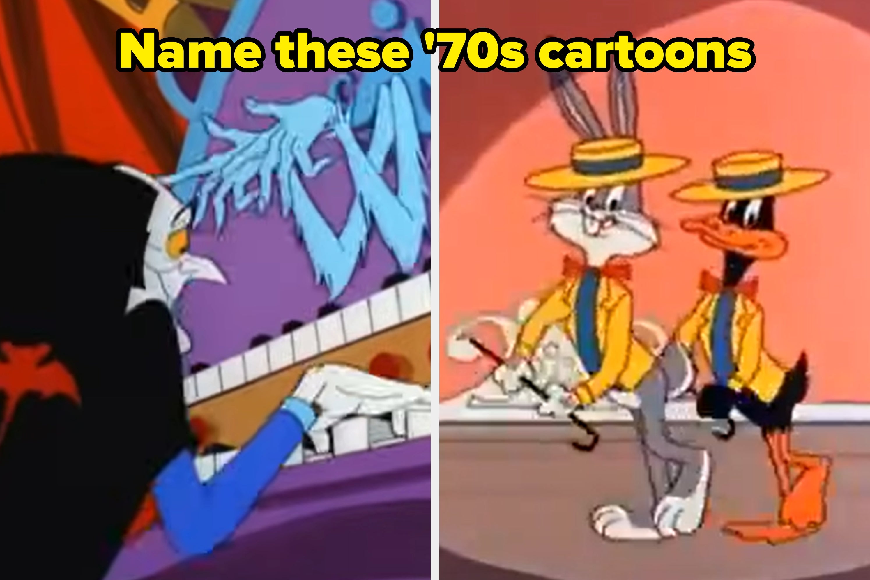 Split image of 70s cartoons: left, a character plays an organ; right, two animated figures in matching outfits and hats