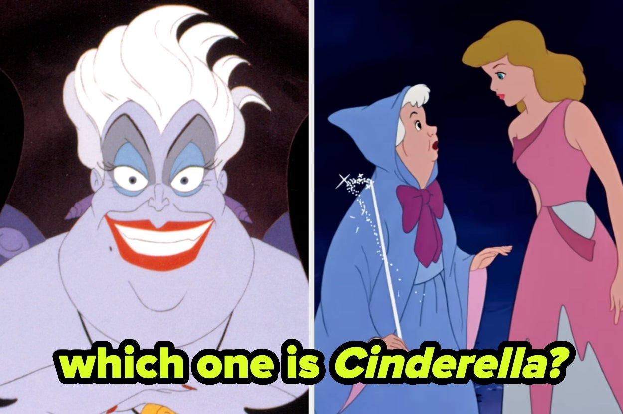 Split image: Left shows a sea witch with a wide grin. Right shows a fairy godmother and a woman in a pink dress. Yellow text: "which one is Cinderella?"