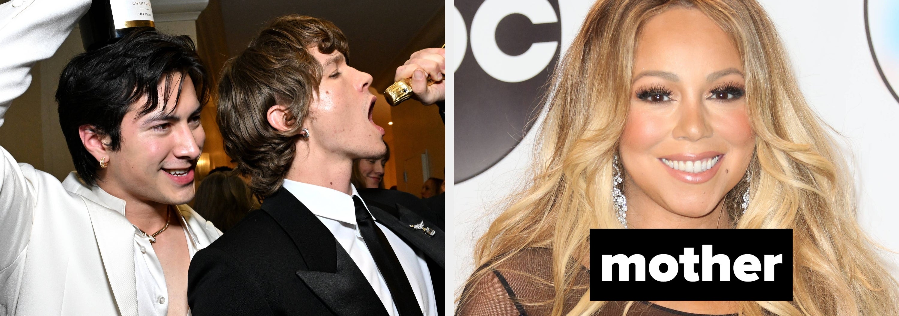 On the left, Hudson Williams and Connor Storrie from Heated Rivalry pretend to drink champagne in tuxedos. On the right, Mariah Carey smiles in front of a step-and-repeat banner