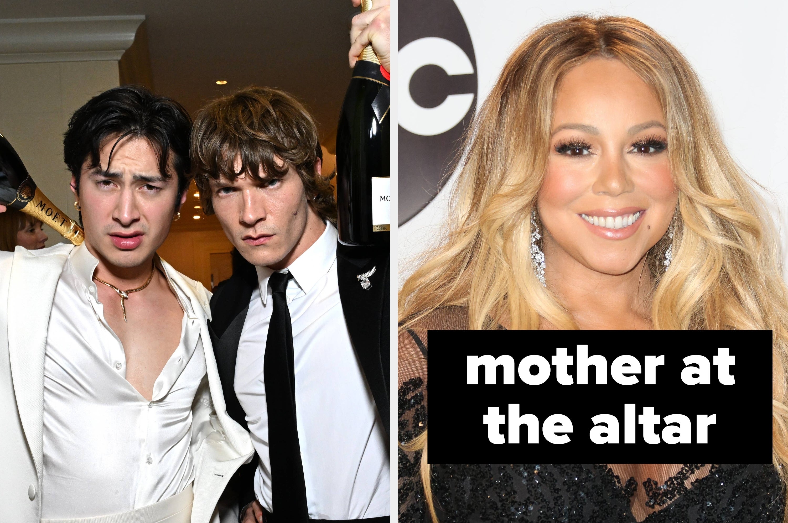 On the left, Hudson Williams and Connor Storrie from Heated Rivalry pose playfully in tuxedos. On the right, Mariah Carey smiles in front of a step-and-repeat banner
