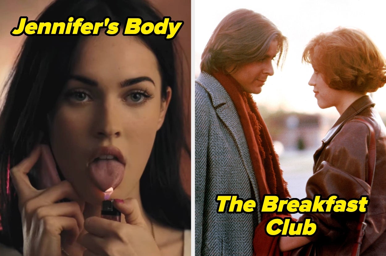 Split image: Left, a woman holds a lighter to her tongue; right, two people share an intense gaze from "The Breakfast Club."