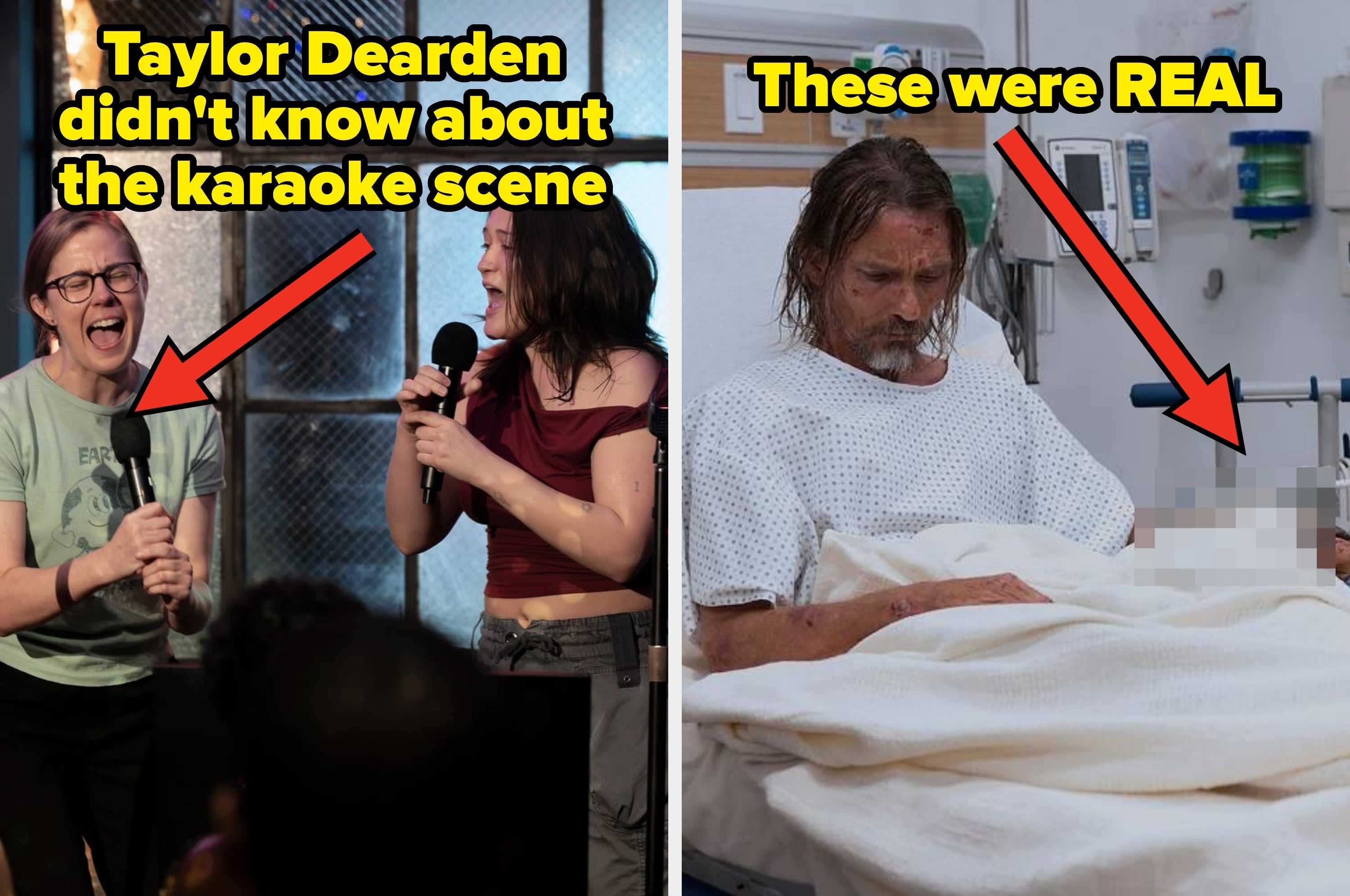 Two images: Left shows two women singing karaoke. Right shows a man in a hospital bed with blurred arm, implying a realistic depiction involving maggots