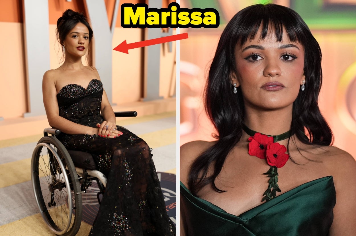 Marissa Bode in a wheelchair wearing a strapless, sequined gown on the red carpet vs Marissa Bode in a dress with a floral neck accessory