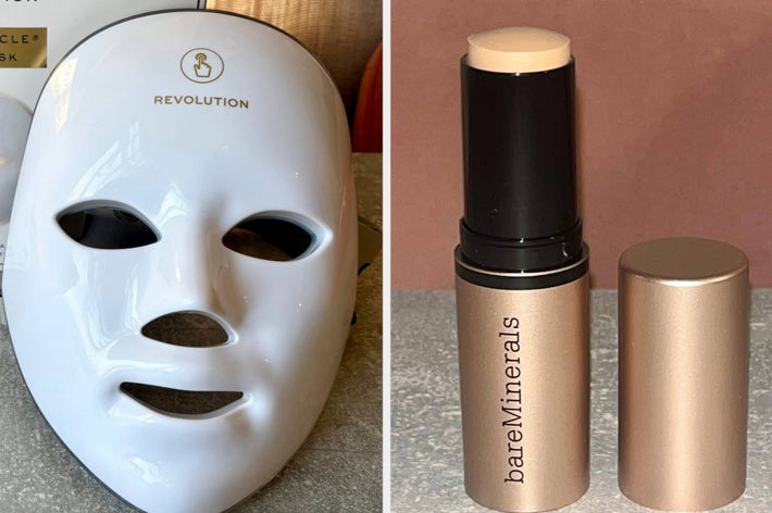 A skincare mask by Revolution and a bareMinerals foundation stick, both on display for a shopping article