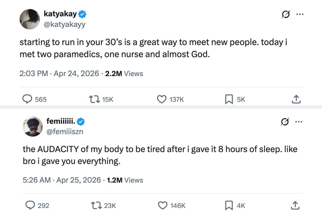 Two tweets: One jokes about meeting various people while running and another humorously laments being tired after 8 hours of sleep