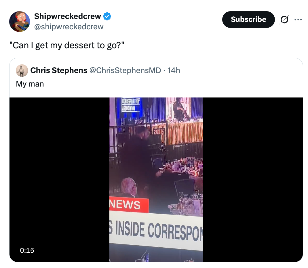 Screenshot of a tweet by Chris Stephens showing a man taking a dessert at an event with a CNN banner in view