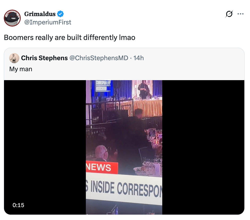 Screenshot of a social media post showing a video with large text overlay: "NEWS INSIDE CORRESPON…" User comments, "Boomers really are built differently lmao."
