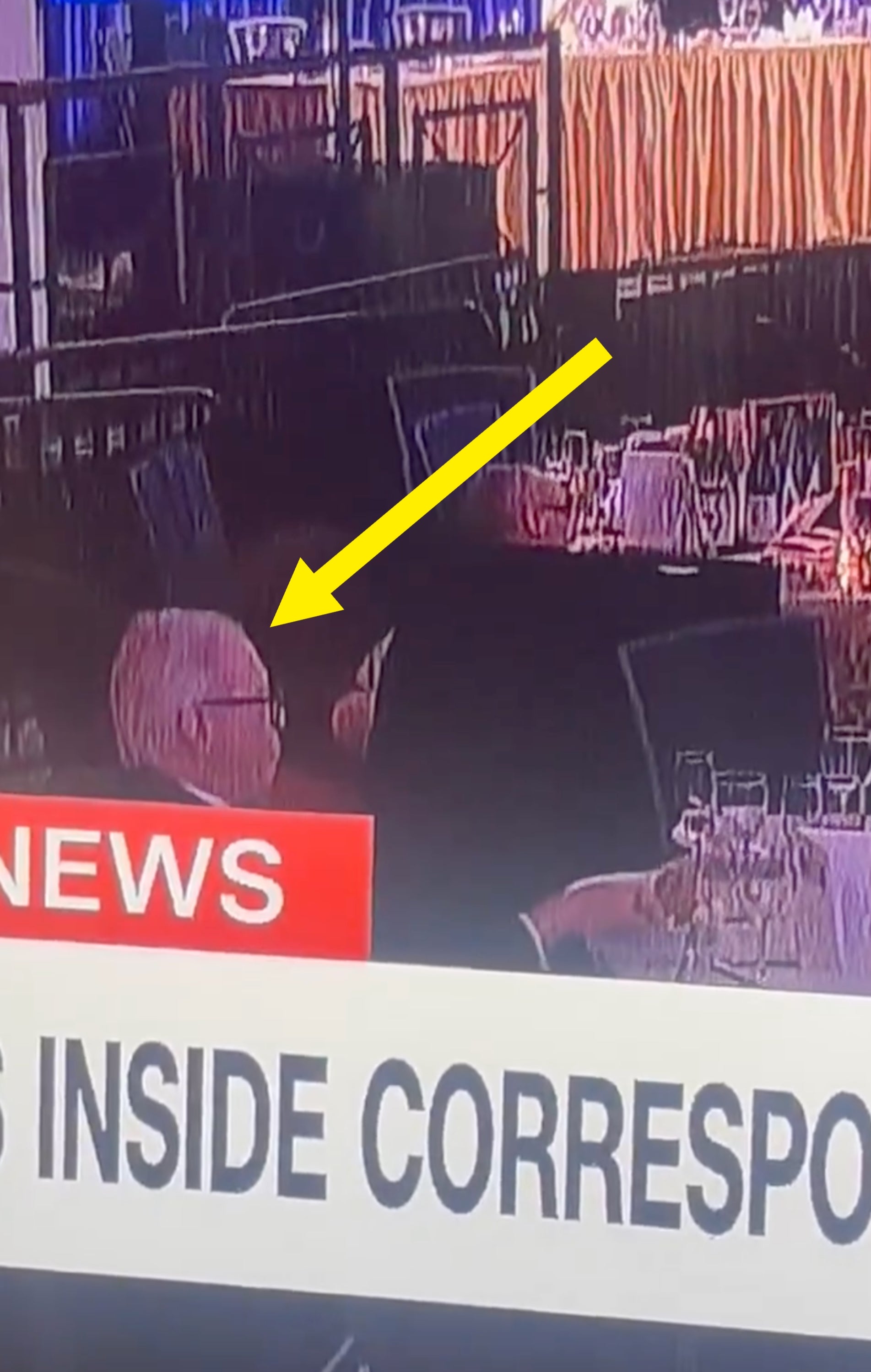 News broadcast shows an event with tables set for dining; "News" bar partially visible and text reads "INSIDE CORRESPON"