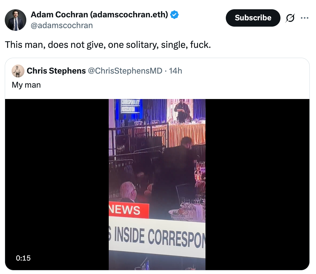 Screenshot of a tweet by Adam Cochran, quoting Chris Stephens. The tweet includes a video captioned "News Inside Corresponds."
