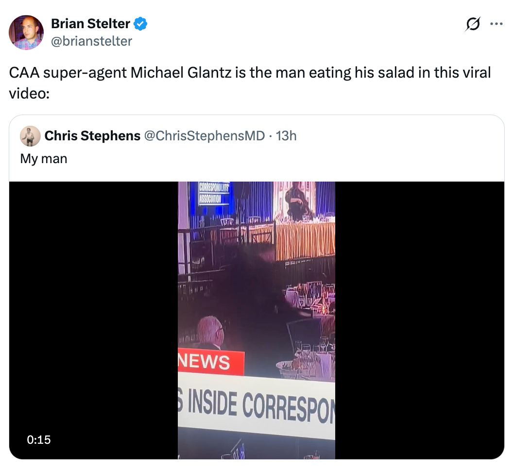 Screenshot of a tweet by Brian Stelter talking about Michael Glantz eating salad in a viral video