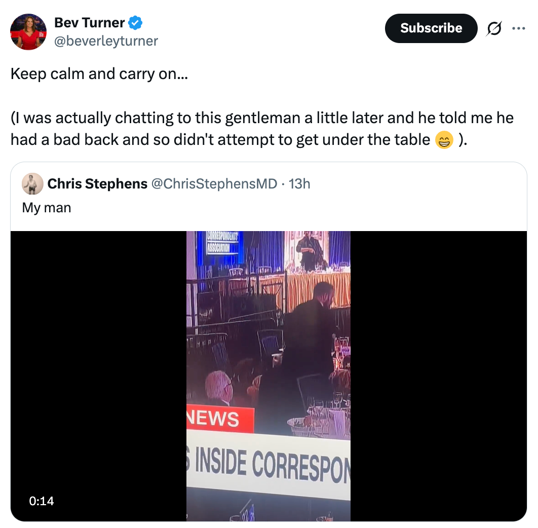 Tweet showing an image of a man at a news desk. Comment mentions a conversation about someone with a bad back not getting under the table