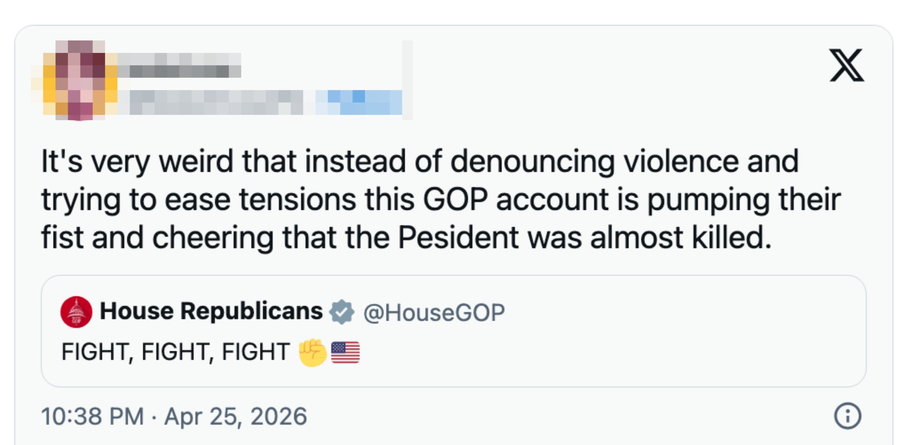 En tweet som kritiserer GOP-kontoen for å feire i stedet for å fordømme vold mot den amerikanske presidenten