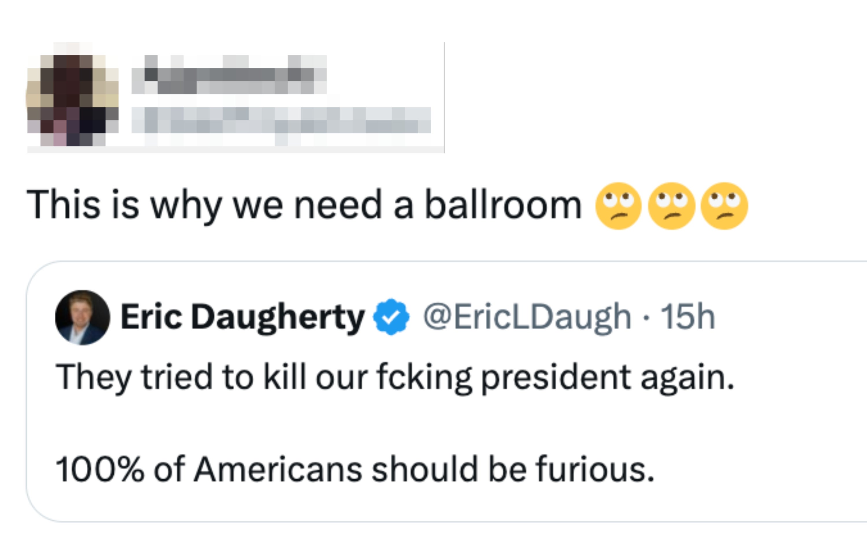 Tweet av Agyattsuki: "Dette er grunnen til at vi trenger en ballsal." Eric Daughertys tweet: 
