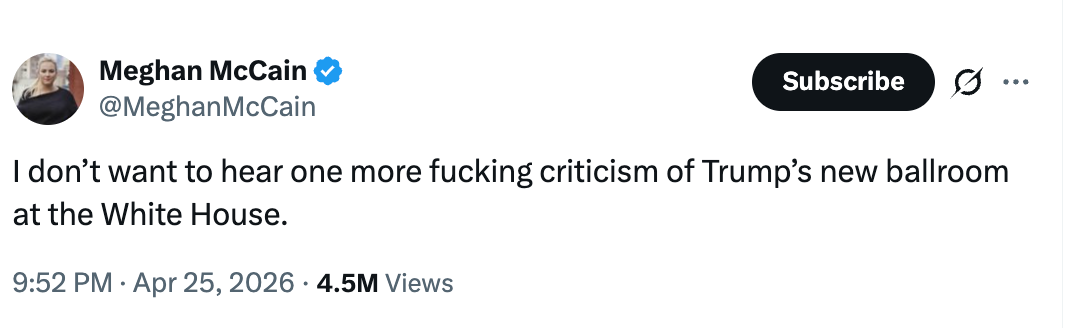 Tweet fra Meghan McCain som uttrykker frustrasjon over kritikk av Trumps nye ballsal i Det hvite hus
