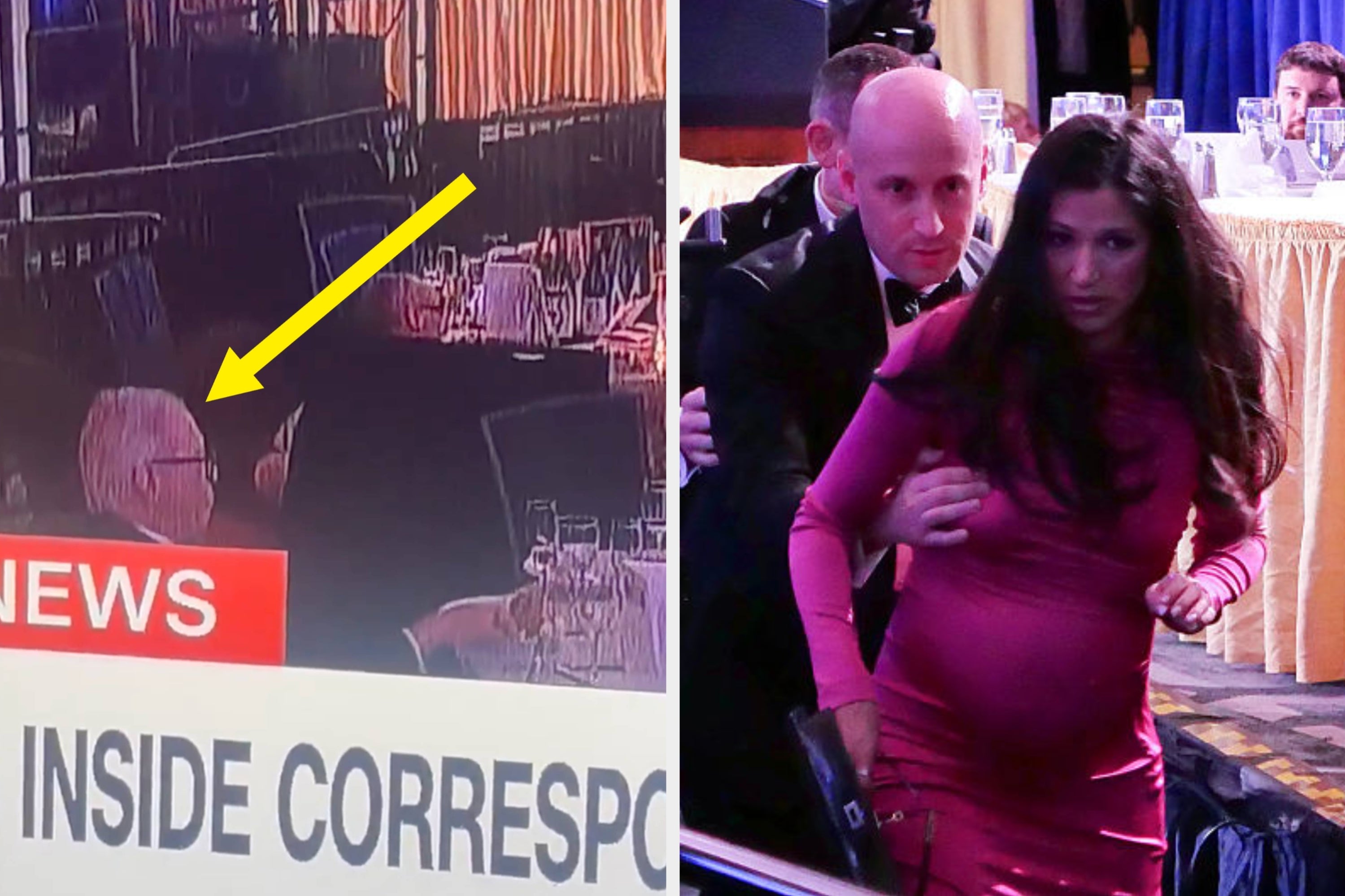 Split image: Left: TV screenshot with news caption "Inside Correspondents." Right: Woman in elegant pink dress being escorted by a man in suit