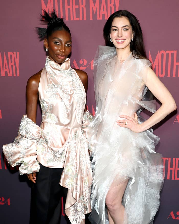 Michaela Coel successful  an intricate, floral-patterned ensemble and Anne Hathaway successful  a sheer, layered formal  astatine  a Mother Mary screening