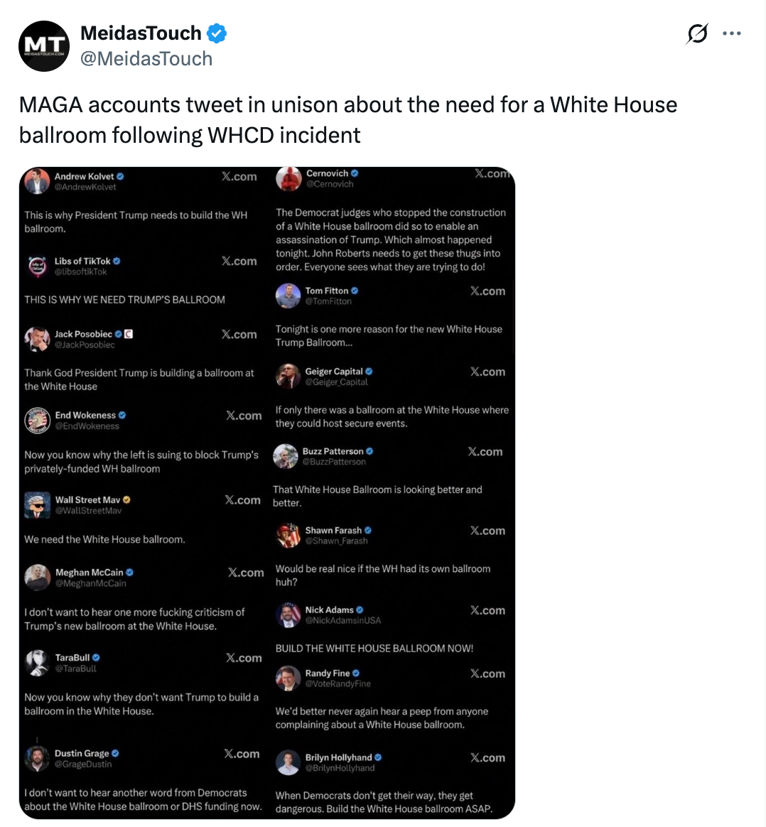 Sammendrag av tweets som diskuterer nødvendigheten av å bygge en ballsal i Det hvite hus etter en WHCD-hendelse