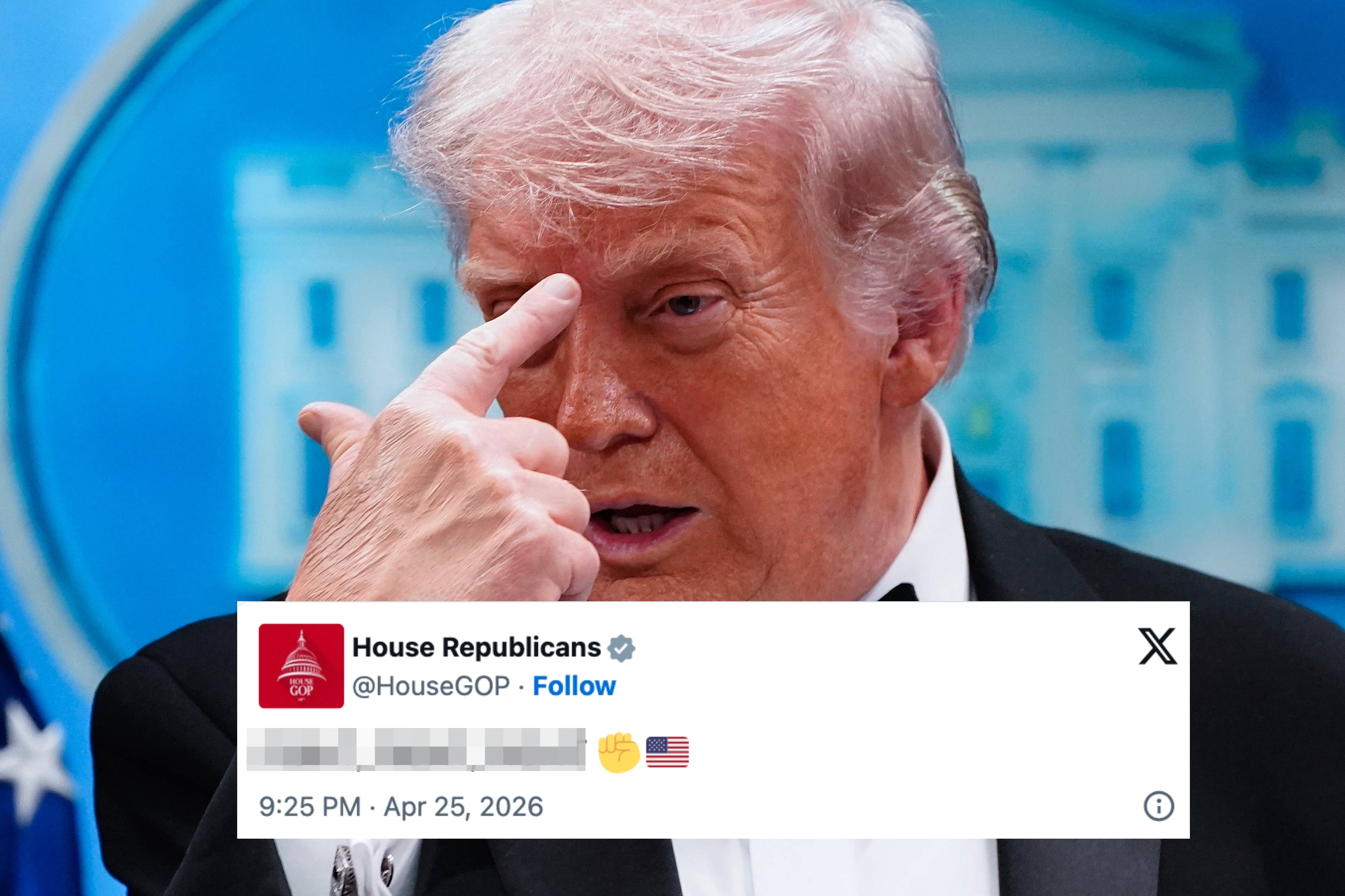 Person gestures with hand near their face. Overlayed tweet from House Republicans says, "FIGHT, FIGHT, FIGHT" with emoji and date, Apr 25, 2026