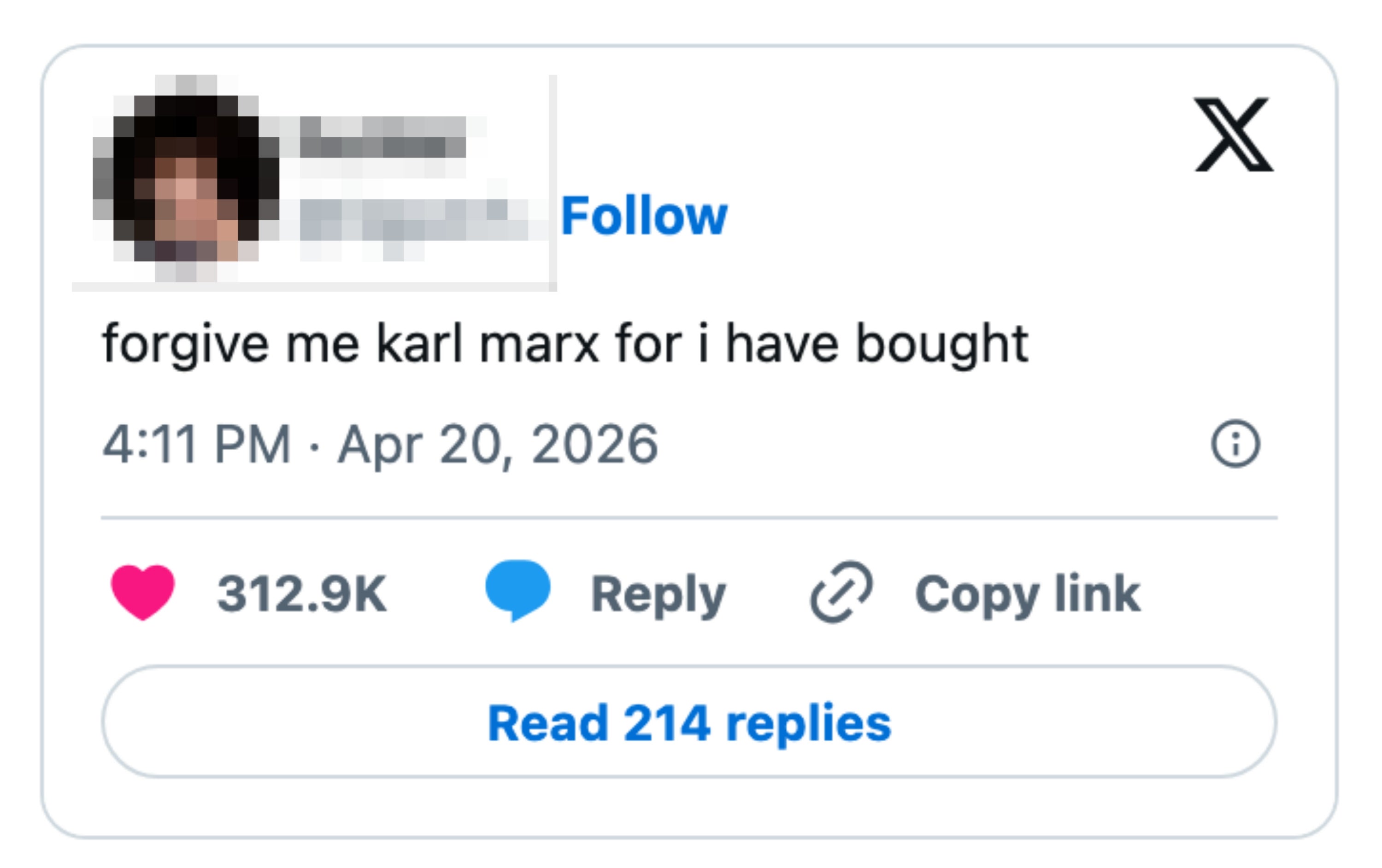 Tweet av bruker: "tilgi meg karl marx for jeg har kjøpt." Sendt 20. april 2026