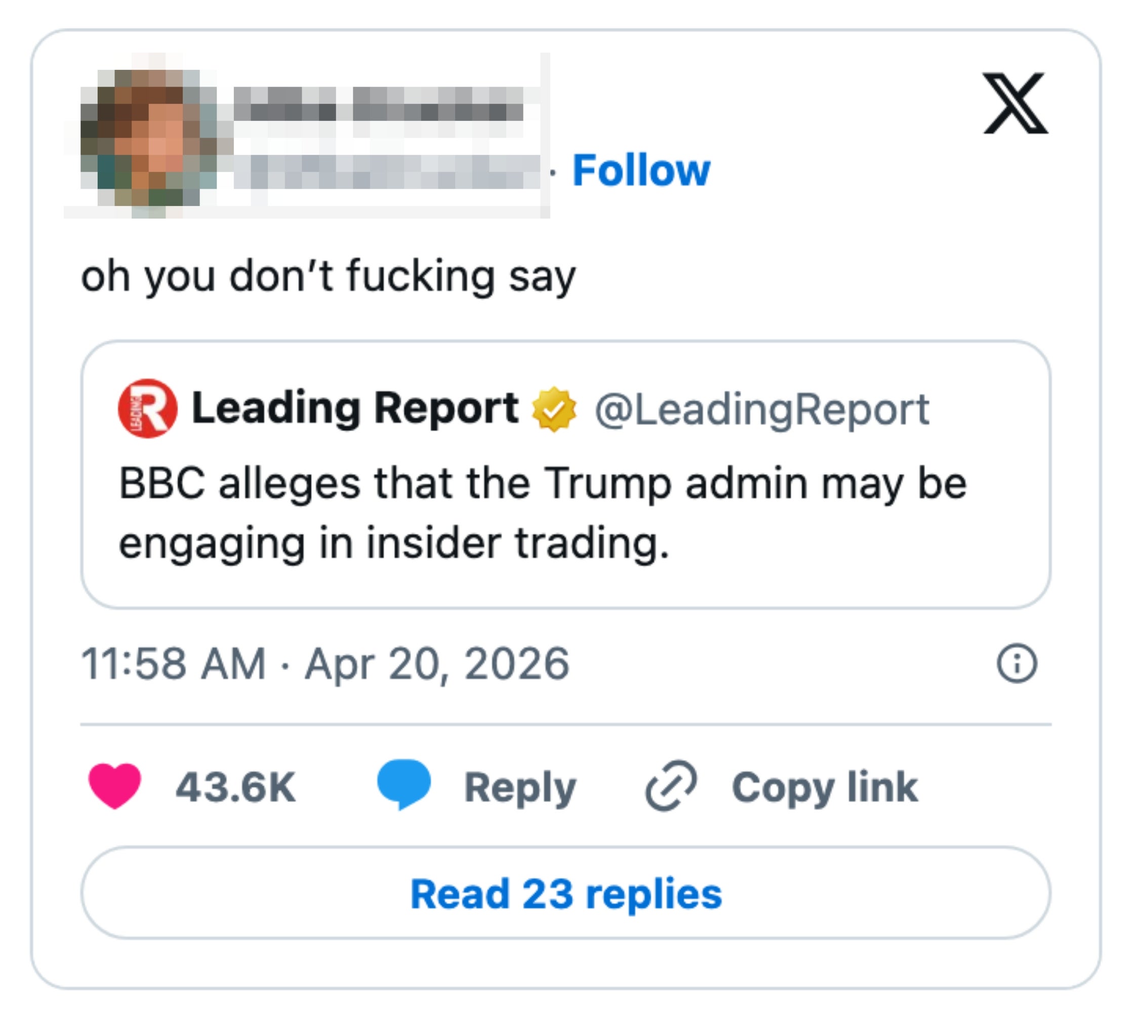 Tweet av Mike Drucker som reagerer på en BBC-påstand om innsidehandel i Trump-administrasjonen med, 