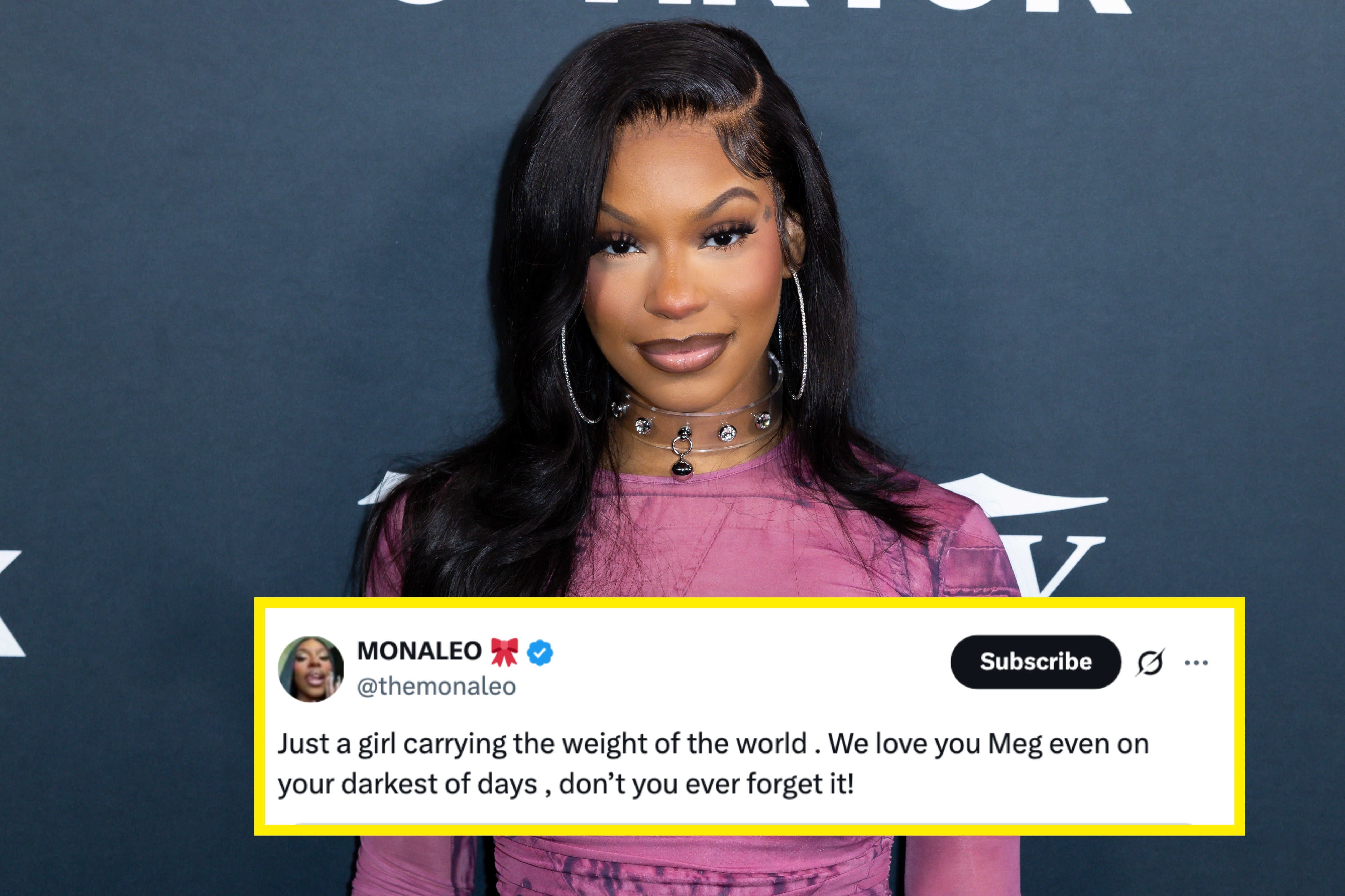 Monaleo poses successful  a sheer, patterned apical  with hoop earrings and a choker necklace astatine  a media event