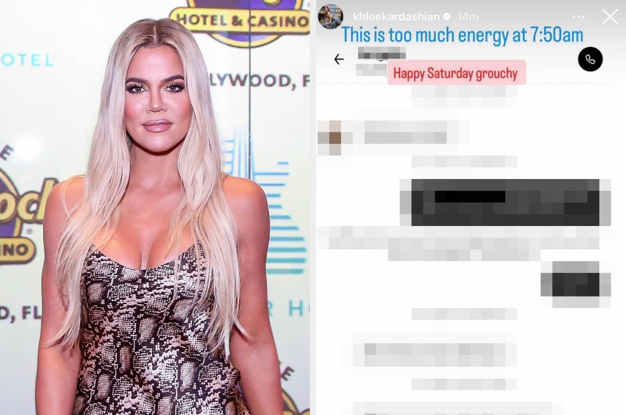 Khloe Kardashian in a snakeskin print dress vs Khloe Kardashian's text exchange with a delivery driver