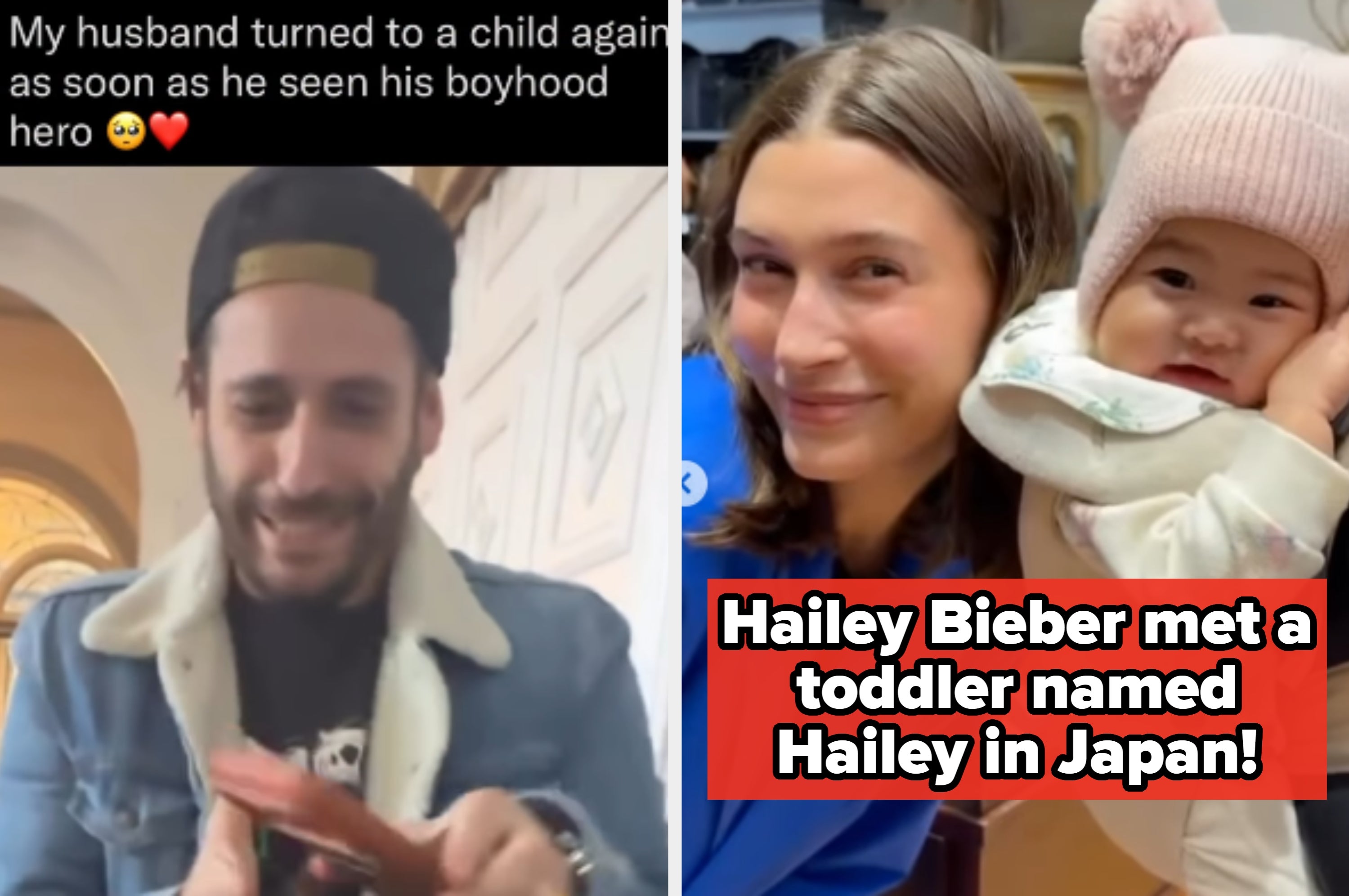 Split image: Left, a man smiling with a phone; Right, Hailey Bieber holding a smiling baby in a pink hat