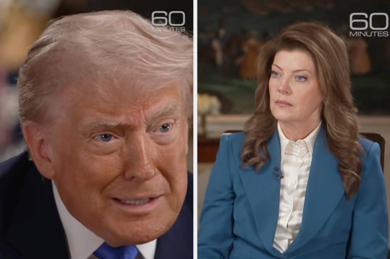 Two people in a "60 Minutes" interview; one in a suit, the other in a blue blazer with a white shirt. Both appear engaged in conversation