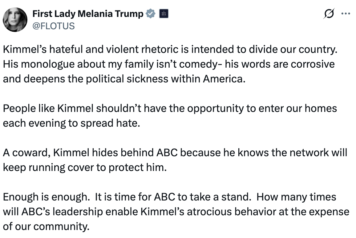 A tweet from Melania Trump criticizing Jimmy Kimmel for divisive rhetoric and urging ABC to code  his behavior