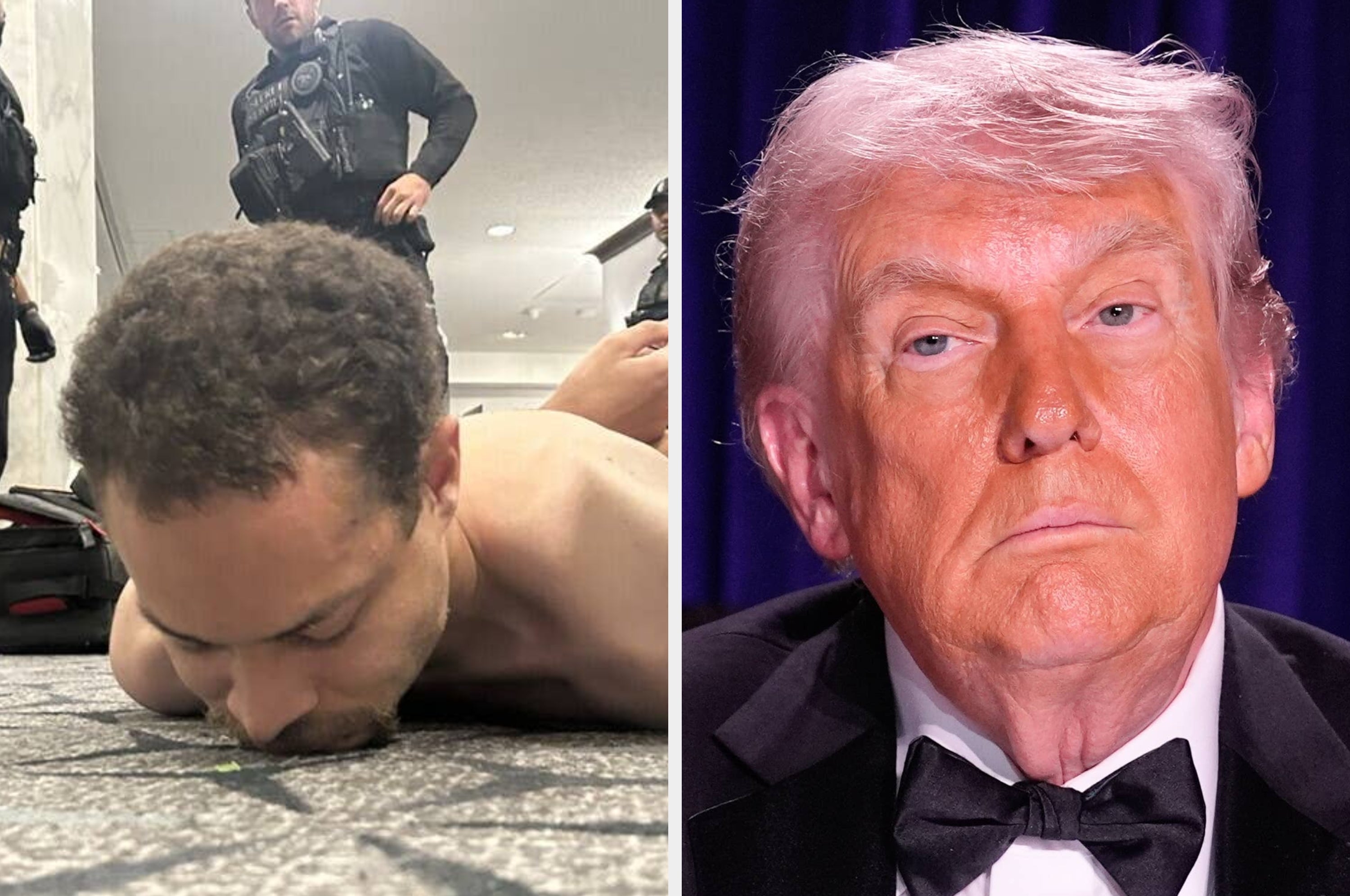 Two-part image: Left shows a man detained on the ground in a hallway with armed officers nearby. Right shows two men in suits, one holding a gun
