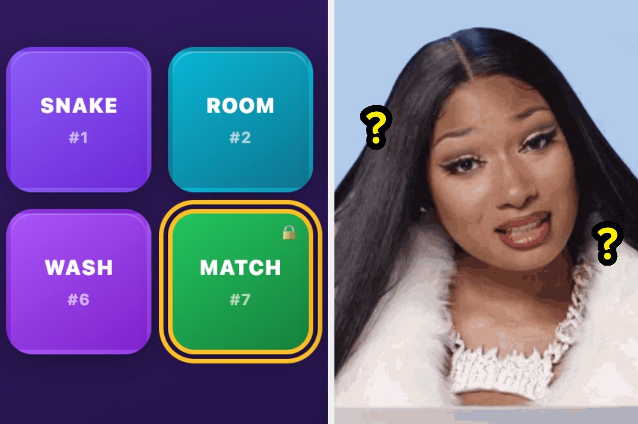 Game interface with words "Snake," "Room," "Wash," and "Match." Person on right with long hair and shrugging gesture