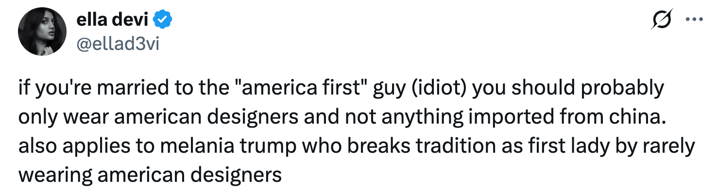 Tweet kritiserer bruk av ikke-amerikanske designere, nevner Melania Trump som bryter tradisjonen